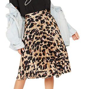 Mid Waist Leopard Pleated Satin Skirt